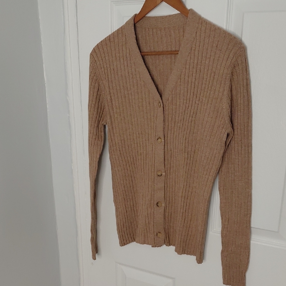 Elegant Tan Wool Blend Ribbed Cardigan